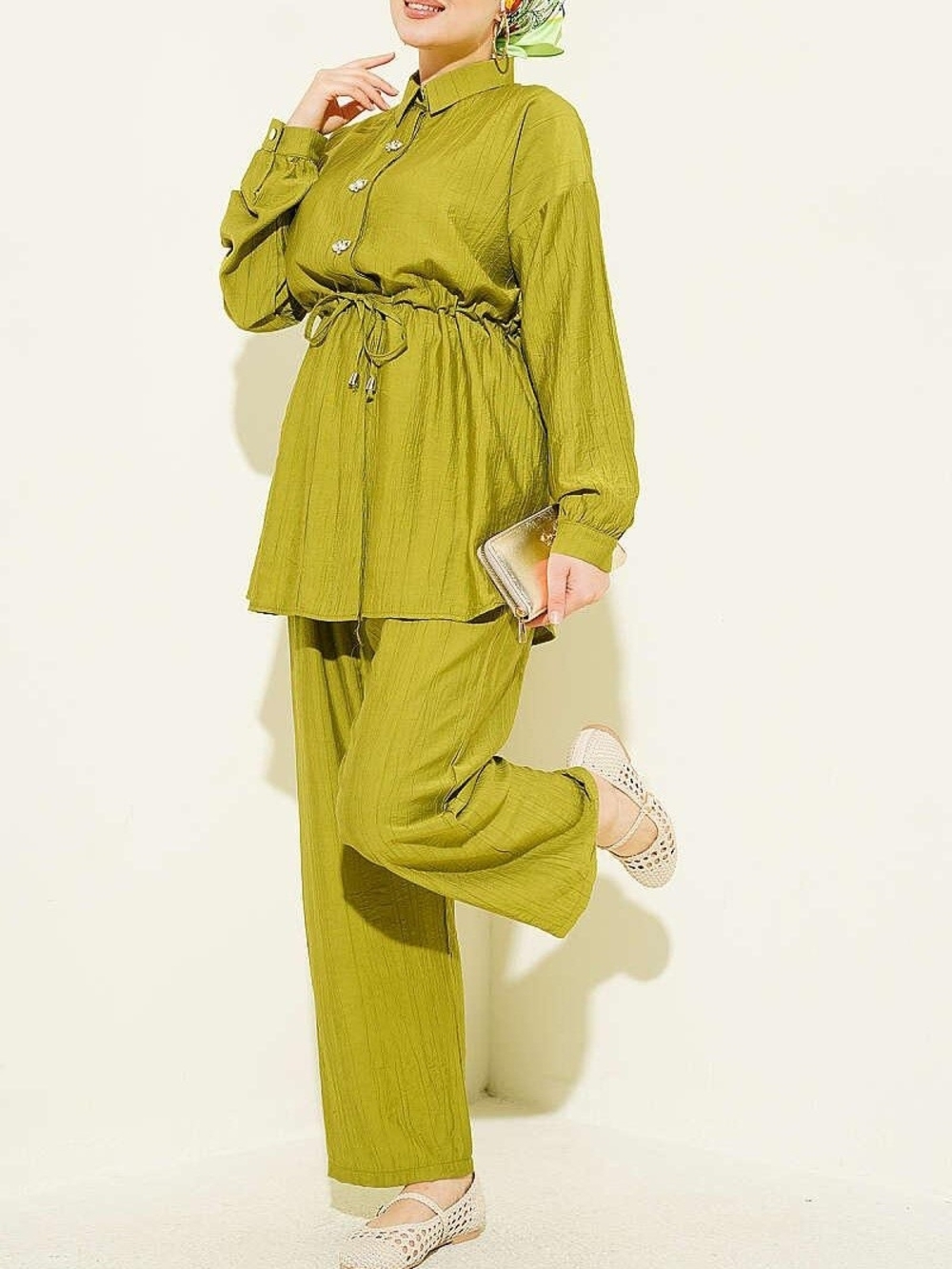 Oil Yellow Tunic Set Rhinestone Buttons NWOT Wide Leg Pants Modest XL